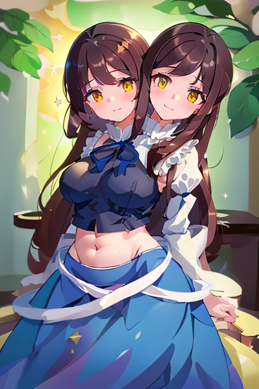 (masterpiece, best quality), best quality, (ultra-detailed), (3heads:1.5), 1girl, (star sapphire:1.3), masterpiece, best quality, ultra quality, ultra resolution, ultra detail, white top, crop top, ((stomach)), midriff, ((groin)), open midriff, white and blue skirt, miniskirt, normal ears, shackles, dark brown hair, very long hair, wavy hair, sidelocks, yellow eyes, detailed eyes, parted lips, fairy wings, sweat, cute, open belly, toned belly, hand on own chest, eyelashes, (24 year old woman:1.3), (masterpiece:1.5), (best quality:1.5), (beautiful detailed), extremely detailed CG, extremely delicate and beautiful, depth of field, (finely detailed face), (perfect details:1.2), (mature female:1.3), wide pelvis, slender, large veiny breast, 16k resolution, highres, high quality, high definition, extremely detailed, masterpiece, dark brown hair, long hair, alluring presence, braid, short skirt, miniskirt, close up, big tits, young, blue ribbon attached to the hair, butterfly-shaped wings, open belly, midriff, nsfw, bare stomach,
