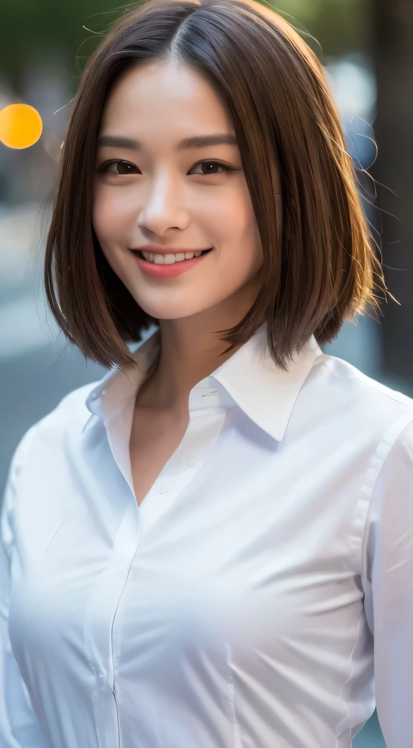 ((highest quality, 8K, masterpiece: 1.3)), sharp focus: 1.2, beautiful woman with perfect style: 1.4, smile, thin abs: 1.2, (dark brown hair, big: 0.9), bob cut, (white button down long shirt: 1.2), street: 1.2, Highly detailed face and skin texture, fine eyes, double eyelid