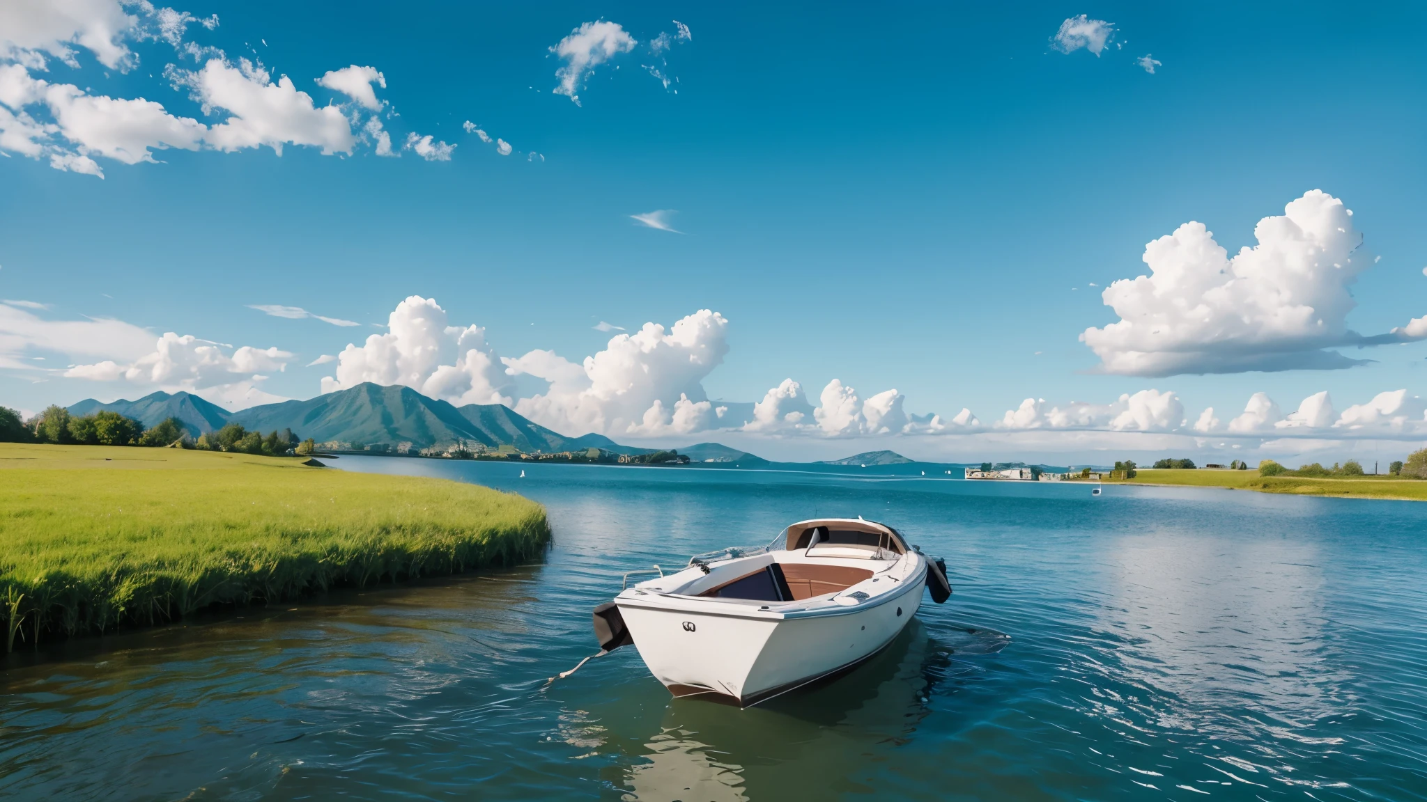 Outdoor scenery, desirable life, blue sky, white clouds, breeze, grass, lake in the distance, boat floating on the lake