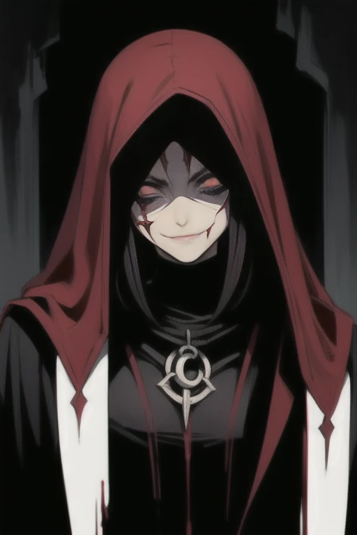 Dark, Creepy, 1,000 Year old, Lilith, low dim lighting, dark chamber, smirk, blood on her face, cultist markings,