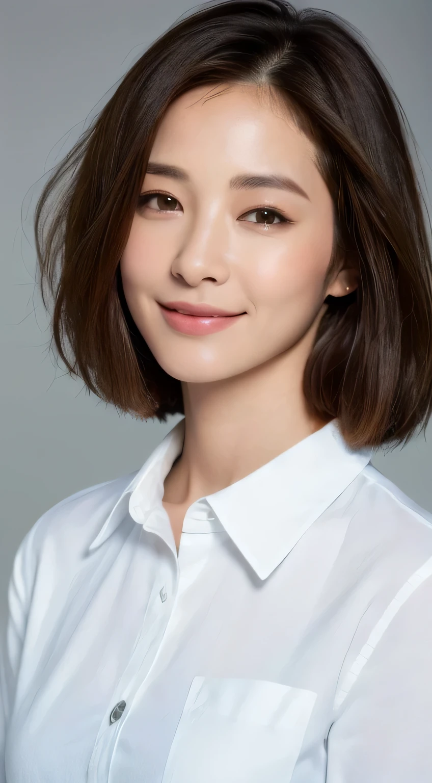 ((highest quality, 8K, masterpiece: 1.3)), sharp focus: 1.2, beautiful woman with perfect style: 1.4, smile, thin abs: 1.2, (dark brown hair, big: 0.9), bob cut, (white button down long shirt: 1.2), street: 1.2, Highly detailed face and skin texture, fine eyes, double eyelid
