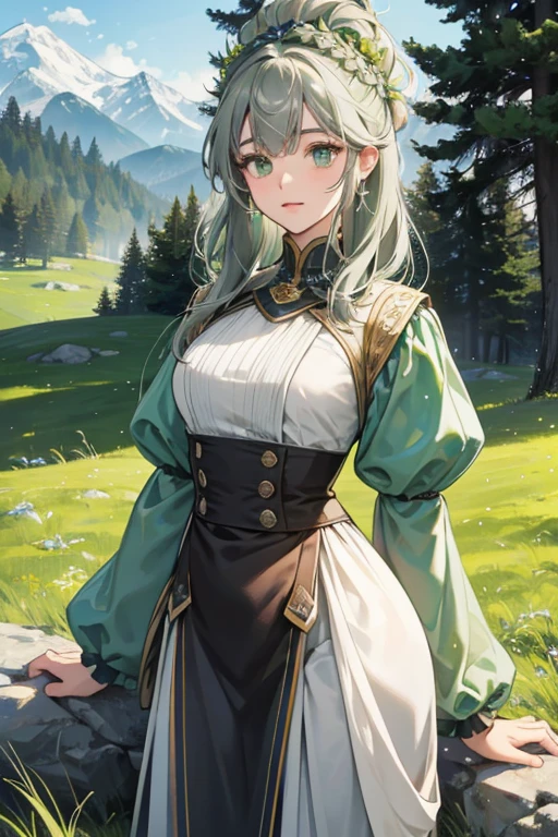 She has areas with grass and trees all over, and her whole body is green/gray-colored rock. She has grass on her head that resembles hair. Unlike Mountain Man's, her arms are very short. SPARKLE; GLITTER