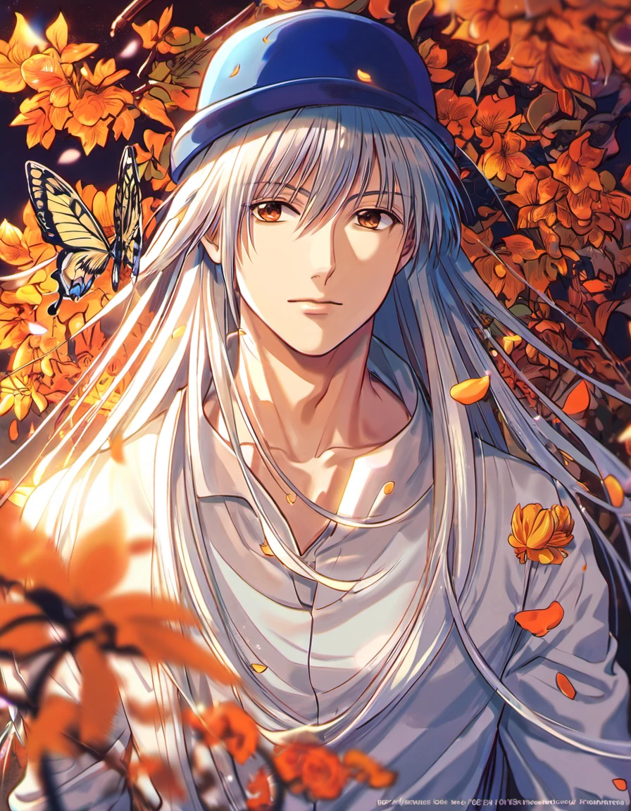 Ultra detailed, highres, absurdres, HDR, Kaito, white long hair, brown eyes, blue hat, white long shirt, Hunter X Hunter, handsome, 1 man only, orange leaves, petals, flowers, butterflies, autumn