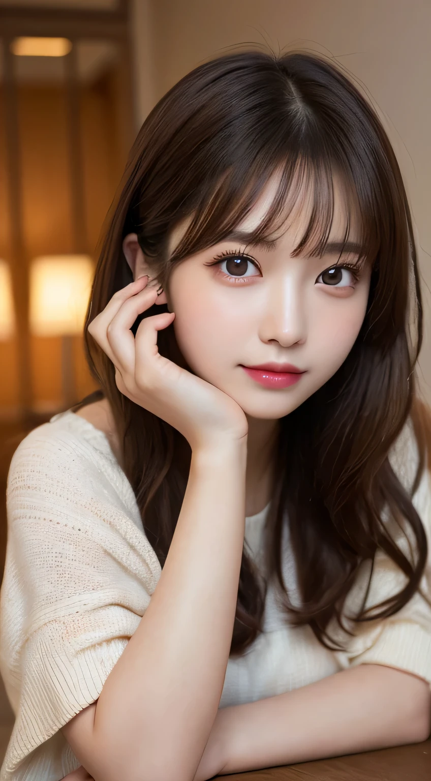 table top, highest quality, figure, Super detailed, finely, High resolution, 8k wallpaper, Perfect dynamic composition figure, detailed and beautiful eyes,she is a gal,Home,dark brown hair, random cute hairstyles, , natural color lip,Room in a luxurious home, random cute poses,gal makeup,blur the background,anatomically correct body,KPOP idol face,Japanese idol faces,super cute face
