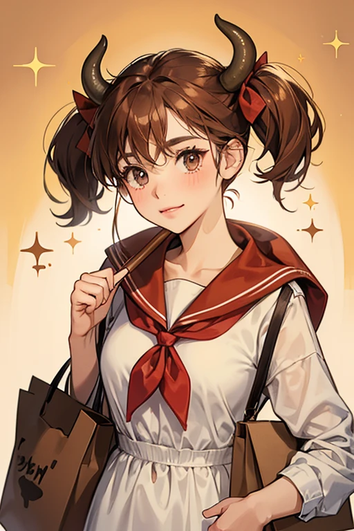 She is a brown cow who wears a red neckerchief on her neck, a red bow on her tail, and a brown paper bag over her udder. SPARKLE; GLITTER