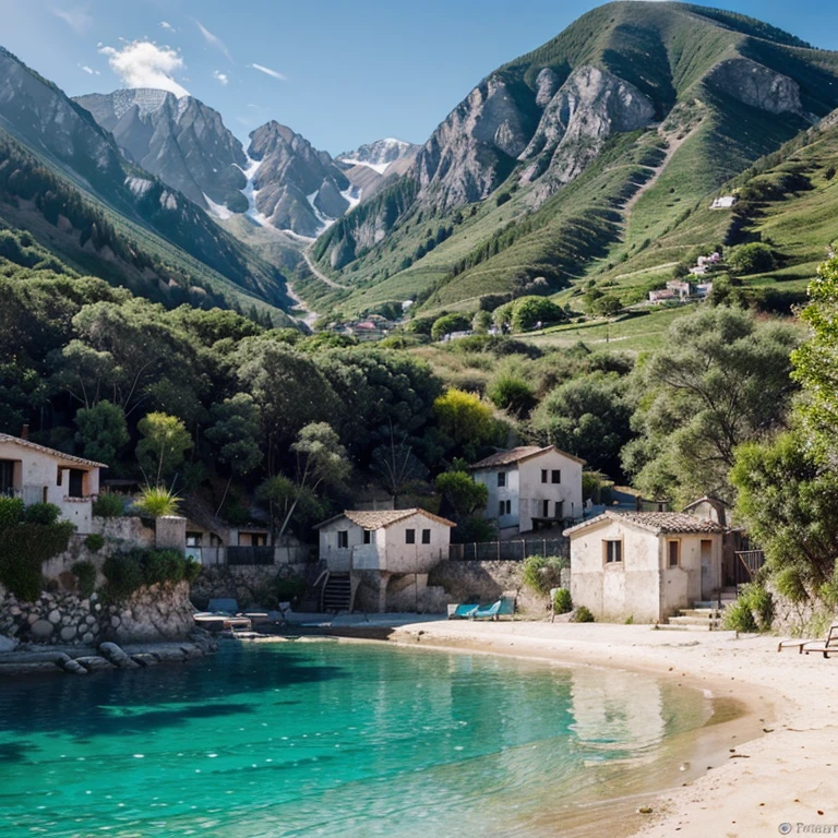 Crea una imagen de un pueblo limpio, with crystal clear water and mountains