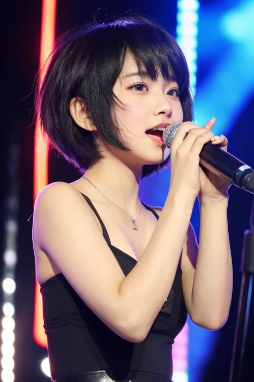 ((highest quality)), ((masterpiece)), (be familiar with), perfect face,Popular singer high school girl。Singing on stage。hair is short cut。A bit of realistic anime style。