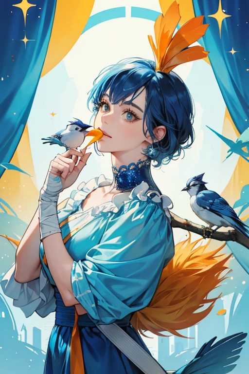 Mrs. Yoder looks like a blue jay with an orange beak. She has some sort of bandage tied on the top part of her beak (this is the reason Finn has to chew food for her babies). SPARKLE; GLITTER