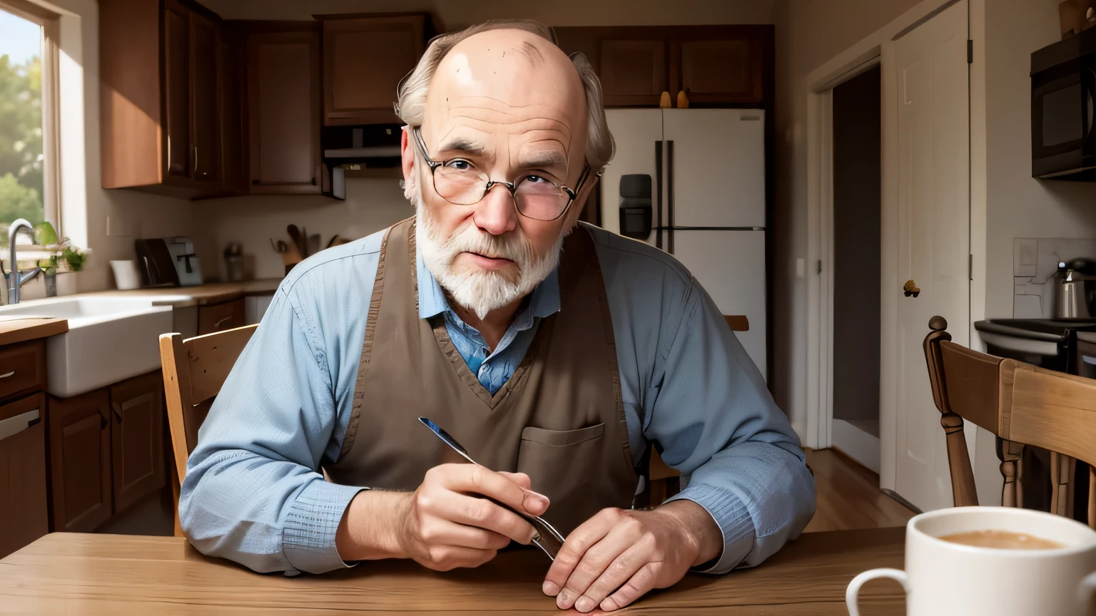 sweet old balding man avatar sitting at kitchen table facing the camera. Telling a story