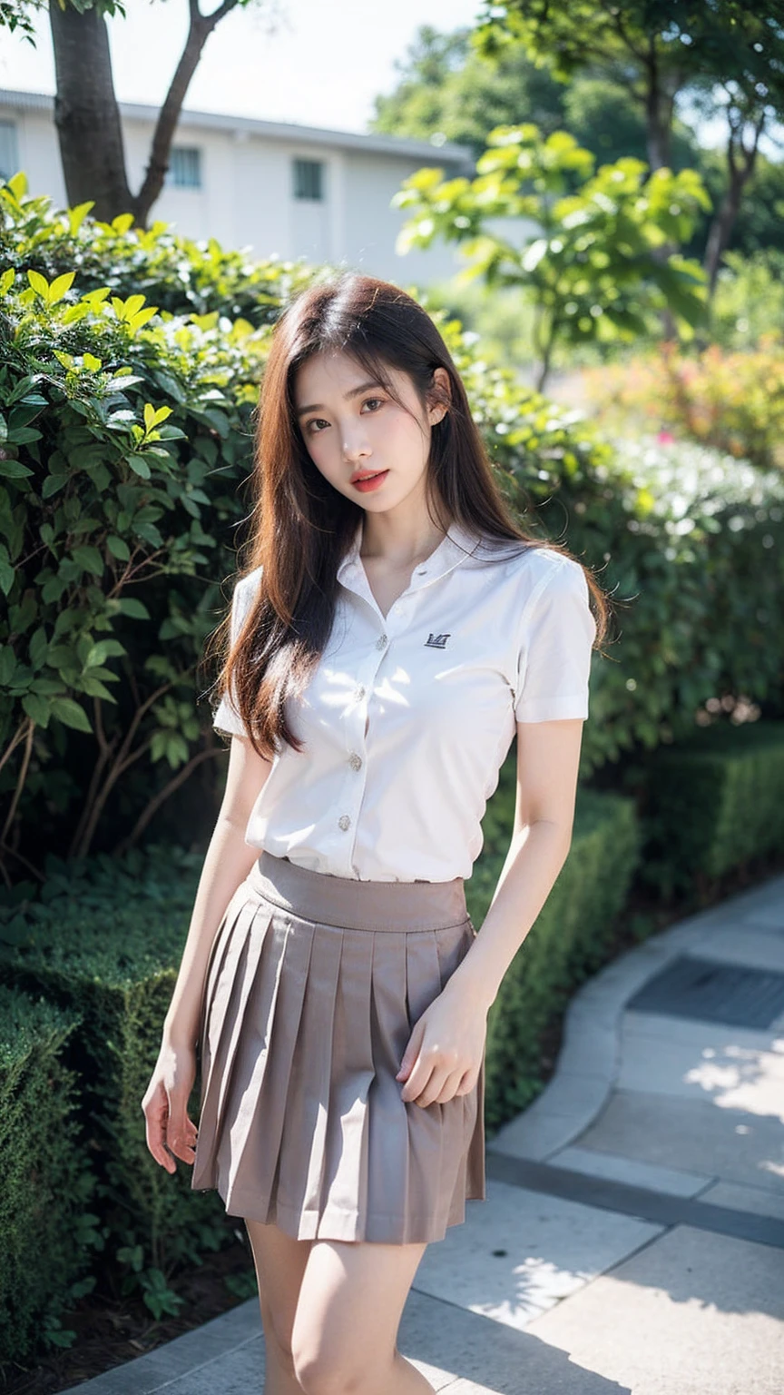 ((1girl)),in mahalai uniform, pose at garden, makeup with glossy lip, small breasts, (white shirt short sleeves:1.4), (black pleated skirt:1.4), various angle, ((face focus)), 22 years old, Beautiful Korean Girl, ((standing)) pose, (nsfw:1.4)