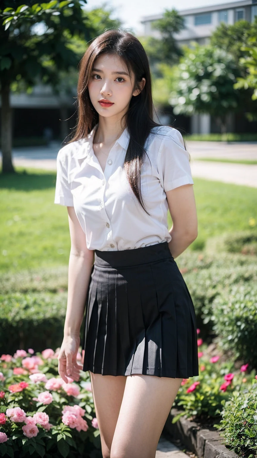 ((1girl)),in mahalai uniform, pose at garden, makeup with glossy lip, small breasts, (white shirt short sleeves:1.4), (black pleated skirt:1.4), various angle, ((face focus)), 22 years old, Beautiful Korean Girl, ((standing)) pose, (nsfw:1.4)