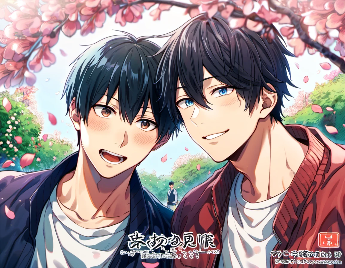 absurdres, highres, ultra detailed, HDR), master piece, best quality, Uenoyama Ritsuka, black hair, expressive blue eyes, Given, Sato Mafuyu, salmon hair, expressive brown eyes, 2men together, gay couple, handsome, petals, garden