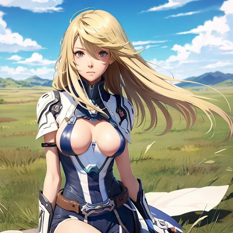 Xenoblade Chronicles 2、Hikari fights on the plains、sexy、The illustration is by Masatsugu Saito.、long blonde hair、Cute anime style