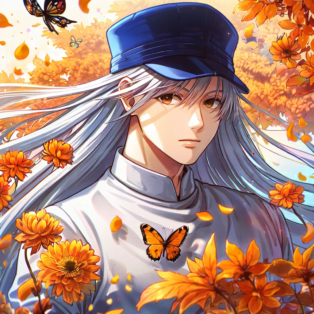 Ultra detailed, highres, absurdres, HDR, Kite, white long hair, brown eyes, blue hat, white long shirt, Hunter X Hunter, handsome, 1 man only, orange leaves, petals, flowers, butterflies, autumn