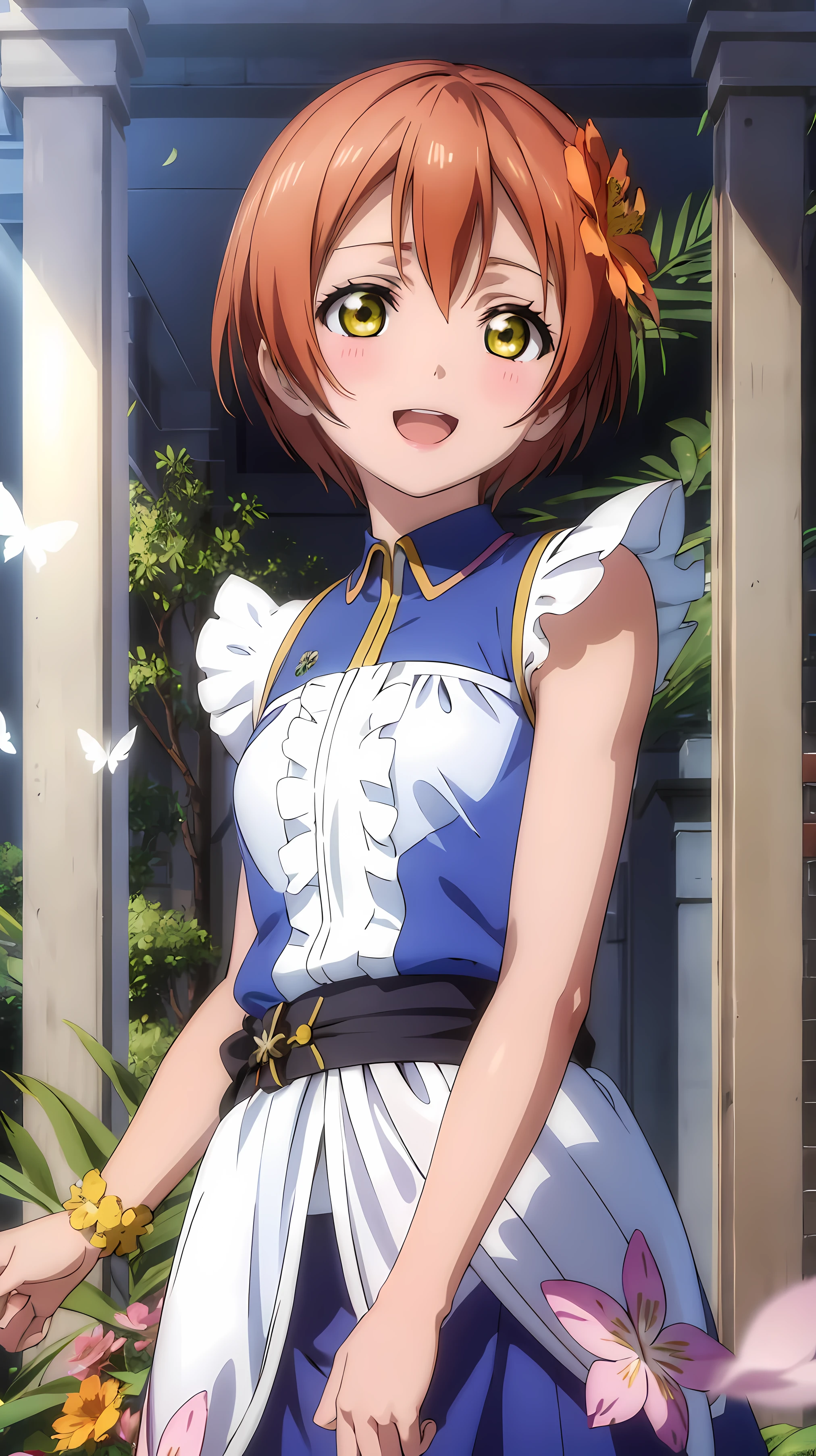 ((masterpiece)) (best quality) beautiful detailed eyes) (ultra-detailed) (finely detailed) 2d, beautiful 2d art, , solo, 1girl, rin hoshizora, , looking at viewer, smile، upper body  flowers, shiny pillars, shiny butterflies, magical shiny garden, 1girl, solo, looking at the viewer, happy open mouth, falling flowerpetals, standing (upper body: 1.5) 