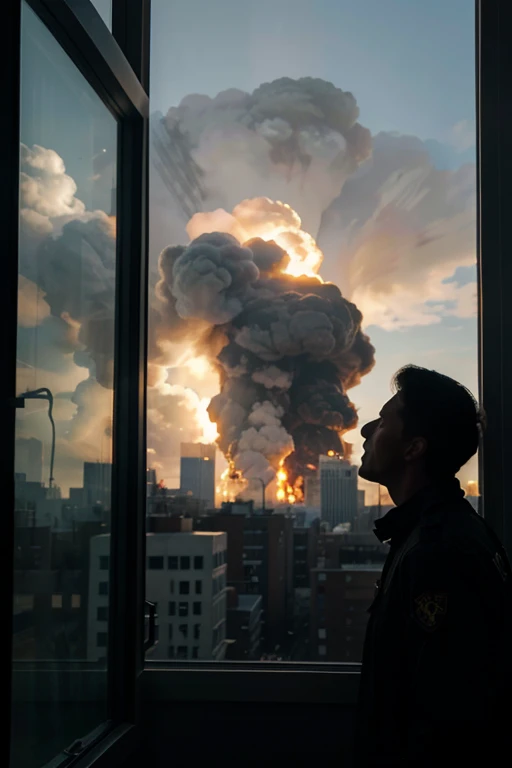 a guy seeing a nuclear bomb blowing up a city from a window of a building