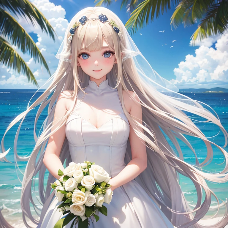 white、Ocean、droopy eyes、Brown eyeballs on face、smile、23 year old female、woman wearing one piece、long hair girl、((long hair girl))、Girl with bangs、detailed face、cute face、((best image quality))、mole、bouquet、bride、Mermaid Dress.blonde、blue eyes、heroine、blush