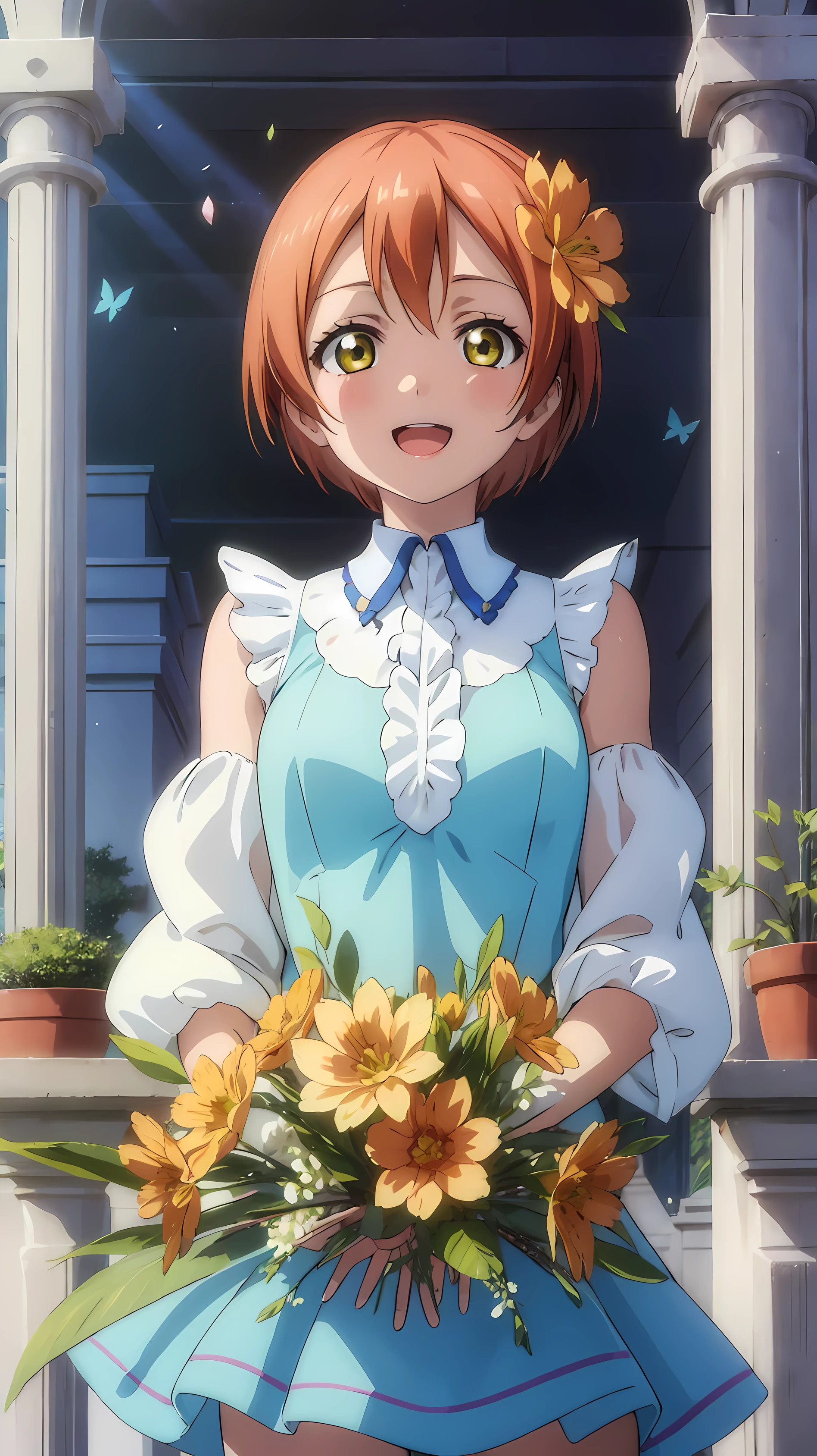 ((masterpiece)) (best quality) beautiful detailed eyes) (ultra-detailed) (finely detailed) 2d, beautiful 2d art, , solo, 1girl, rin hoshizora, , looking at viewer, smile، upper body  flowers, shiny pillars, shiny butterflies, magical shiny garden, 1girl, solo, looking at the viewer, happy open mouth, falling flowerpetals, standing (upper body: 1.5) 