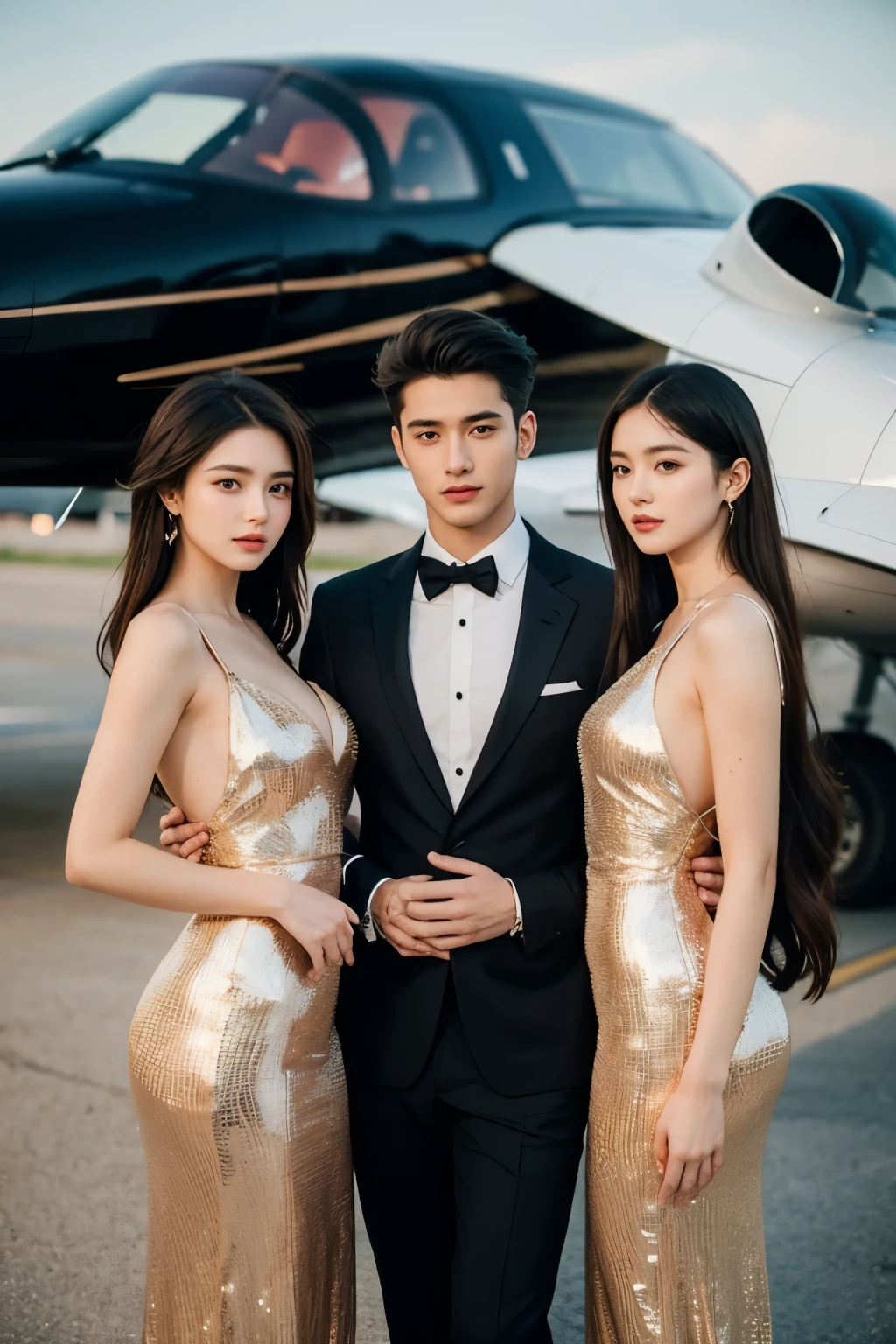 Realistic, Long shot, 4k, high detailed, high quality, Potrait of one man(24 years old) in a suit(in the middle) and 2 girls with luxury dress, standing, perfectly proportioned, intimate, Lovers, close to each other, perfect anatomy, perfect background, perfect face, perfect body, detailed face, look at camera, in front of private jet, outdoor
