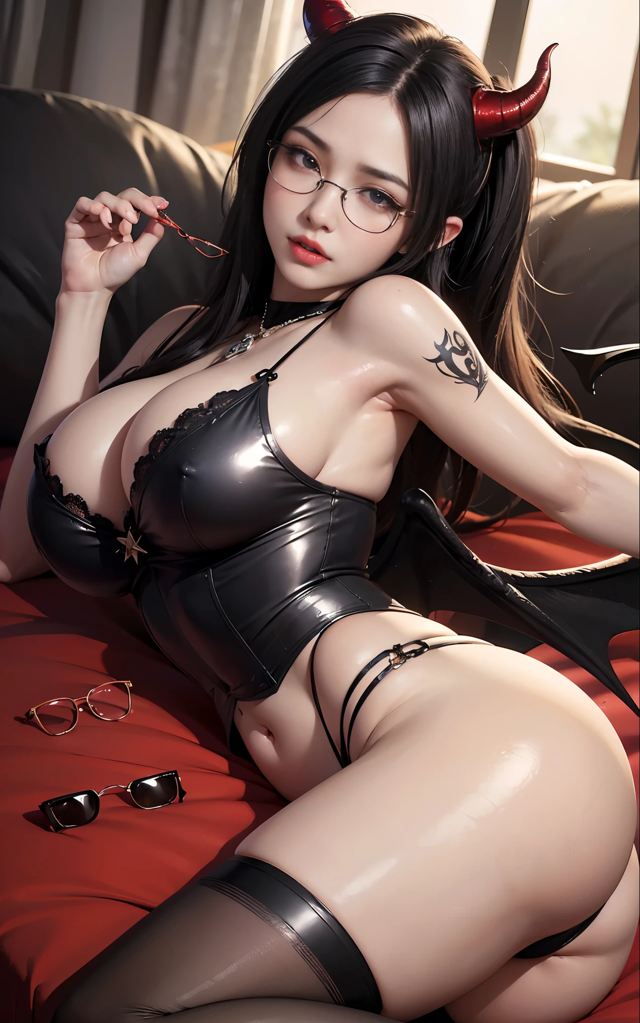 Are you okay、(best illustrations)、8k UHD resolution、intricate details、highest quality、realistic、super detailed、best lighting、best shadow、soft lighting、ultra hd、Super realistic、Tyndall effect、Photoreal、(high detail skin:1.2)、 (intricate details, compensate, Pueros face_V1:0.5), (Beautiful and delicate face in every detail, Fine, beautiful and delicate eyes, perfectly proportioned face, high definition skin, fine skin, Optimal ratio of 4 fingers and 1 thumb, arm under chest, red tattoo on lower stomach、Wow wow, wide hips, smooth abdomen, skin is thin and thin, __fashion__, __hair__:1.25)、Digital single-lens reflex camera、 不条理realistic作品: 1.3), (maximum resolution: 1.2), (Ultra HDTV: 1.2), cinematic light, fine eyes and skin, detailed facial features, , (sharp focus: 1.2), (focus on face:1.2),perfect style, beautiful face, acura, anatomically correct, Highly detailed face and skin texture, fine eyes, double eyelid, thin eyebrows, glitter eyeliner: 1 natural cheeks, Glossy skin, Fair skin: 1.2, (glossy lips: 1.4),(embarrassed look: 1.2),Highly detailed face and skin texture, fine eyes, double eyelid, natural cheeks, glossy lips: 1.4,exposed cleavage、Bewitching。fascinating、Dark black hair、Small devil、evil nun、Torn monastic clothing、corset、Fishnet tights、Emphasis on breasts、((((giant glasses, otaku glasses, thick glasses, round glasses)))),(((big breasts)))、The long-haired、Braid、Black hair、Ponytail distortion、, Ponytail with a bow tied at the back of the hair, beautiful expression、body up、big breasts emphasis、bust, super tight chest, Breast augmentation surgery, Breasts are very big and round,tight waist、wide ass、intricate tattoo, demonic intricate tattoo,back tattoo、 thigh tattoo, body tattoo, bright red jewel necklace、Jewelry Gwise, wearing black mesh socks,Wearing light red、nffsw, nffsw, Meeting beautiful girls, look at the girl's body, bat wings,(((devil's horns)))、(devil's tail)、in the dark、(detailed spooky background:0.8), sit on top、(lie on your back)、bed、((絡み合うtentacle :1.2 ))、(絡み合うtentacle ), (tentacle :1.2)