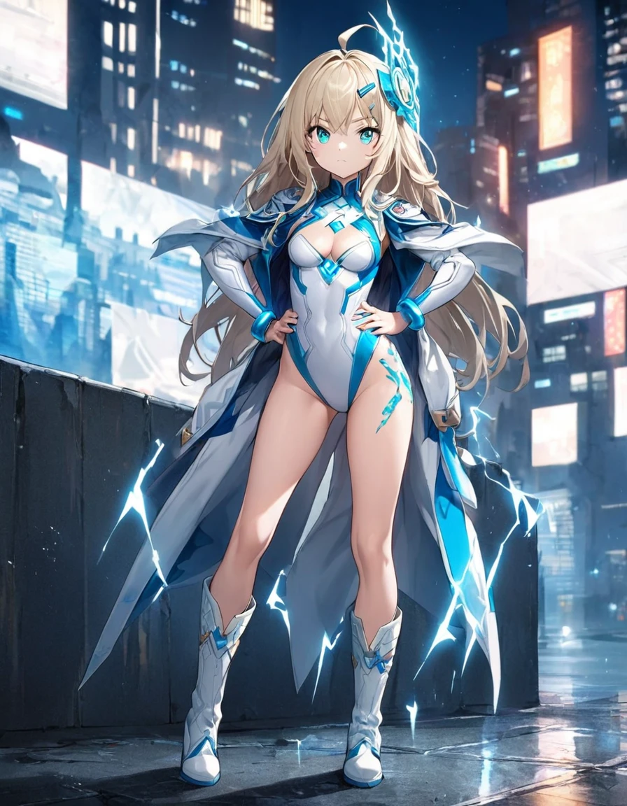 1girl, light blonde hair, aquamarine eyes, boots, breasts, bracelets, cleavage cutout, full body, hair ornament, hairclip, shoulder-length hair, full body with costume, leotard, white leotard with blue accents, bare legs, white stockings, white boots, medium breasts, solo, standing, superhero, (lighting logo on chest), beautiful detailed eyes, beautiful detailed face, age 18, ahoge, full body zenkai! asuka suit, full body portrait, body infused with electricity, diffraction spikes, heroic, standing straight, hands on hip, cowboy shot, city backdrop