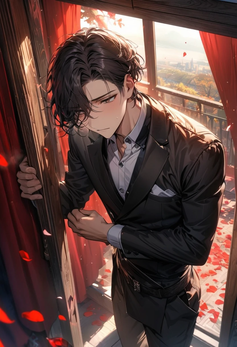 absurdres, highres, ultra detailed, HDR), master piece, best quality, Sato Mafuyu, salmon hair, expressive brown eyes, Given, 1man, handsome, window, red curtains, petals