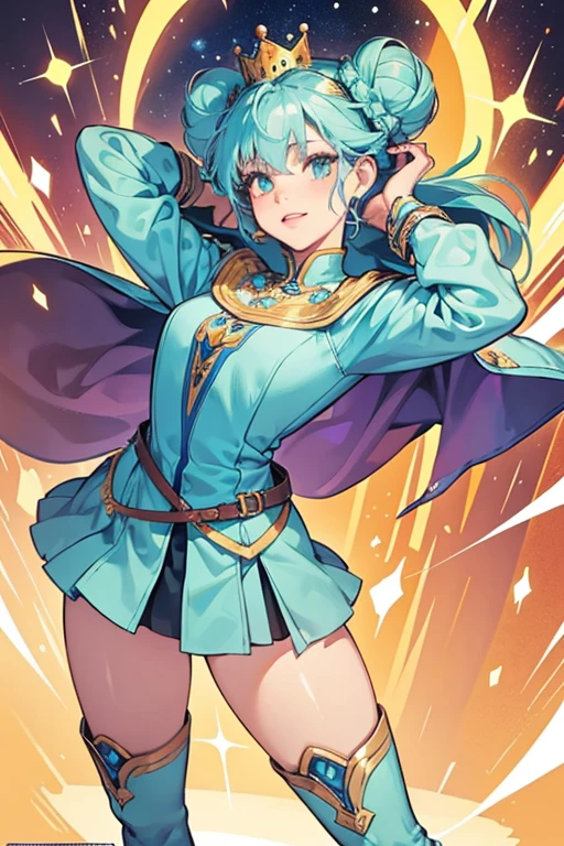 she is a very muscular princess. She is very large and tall, green skinned, and wears dark-blue boots decorated with some type of symbol. Originally, the boots had yellow stars. Afterwards, the boots have light-blue hearts, but in "Princess Monster Wife," the hearts are yellow. She has a small yellow crown on her head. She usually carries a dumbbell and works out her arms. In the episode "To Cut a Woman's Hair" it is revealed she has a deep masculine voice. Her hair is short with two heart-shaped buns on each side of her head; she claims she doesn't make her hair beautiful so people will notice her muscles instead. Her crown, skirt, hairstyle, boots, and lips were redesigned after her cameo in "What is Life?" and she no longer has visible veins, which were part of her original design. SPARKLE; GLITTER