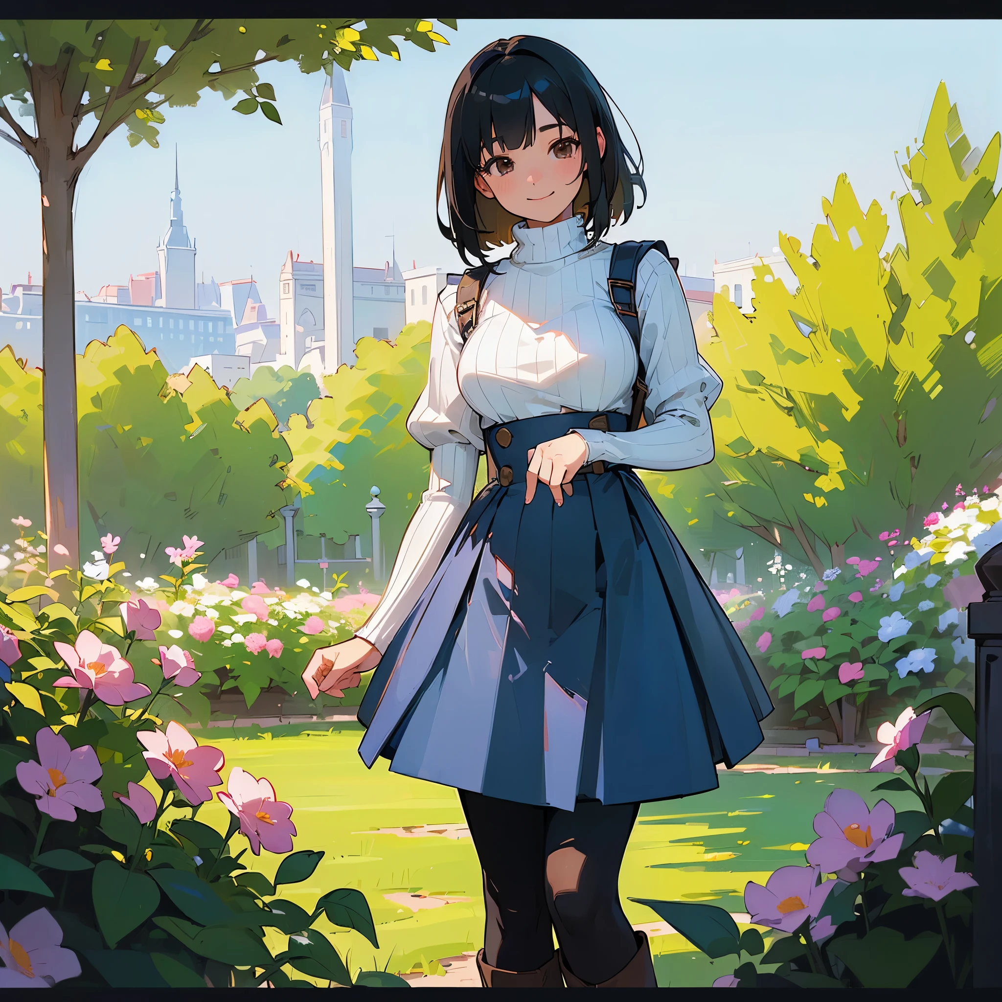 (high quality, High resolution, Super detailed, reality:1.37), peaceful atmosphere, (outdoor, garden), teenage girl standing alone, (my breasts are big.), Beautiful detail features, cute smile, (black bob hair), ribbed sweater, blue skirt, black tights, brown boots.