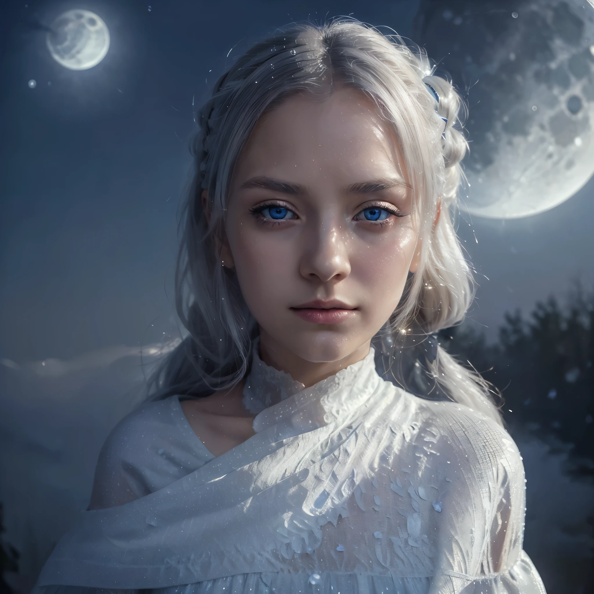 Masterpiece, (Best Quality: 1.2), (Super Fine: 1.2), Illustration, (Extremely Delicate and Beautiful: 1.2), Film Angle, Floating, (Beautiful Detail Eye: 1.1), (Detail Light: 1.1), Film Lights, Delicate Sky, Woman, White Hair, Blue Eyes, (High Ponytail: 1.1), Cloak, Glowing Eyes, (Moon: 1.2), (Moonlight: 1.1), Starry Sky, (Light Particles: 1.1), Fog , snow painting, sketching, blooming