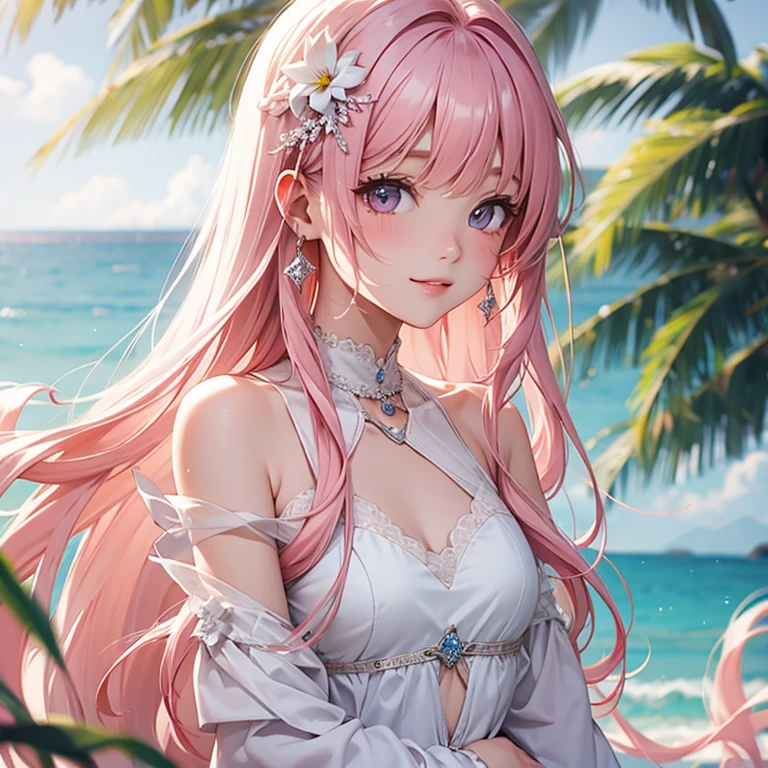 white、Ocean、droopy eyes、顔にpink eyes玉、smile、23 year old female、woman wearing one piece、long hair girl、((Girl with long pink hair))、Girl with bangs、detailed face、cute face、((best image quality))、mole、bouquet、bride、Mermaid Dress.blonde、pink eyes、heroine、blush
