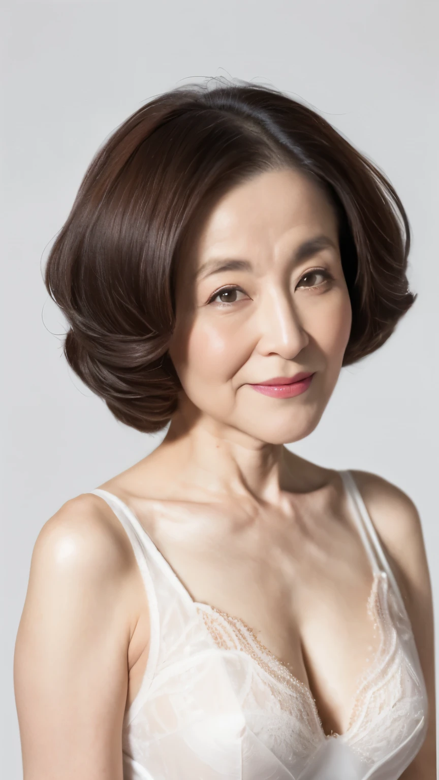 older mature woman, pure white background, Looking straight ahead, Very realistic, japanese mature woman, Smiling slightly. wearing a white dress.