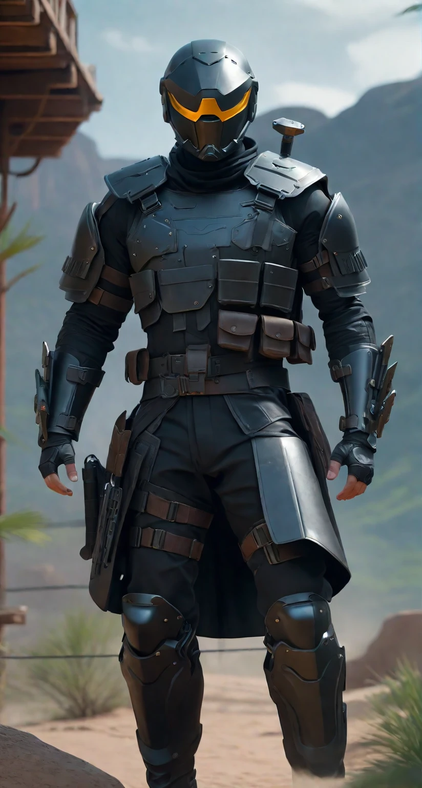 a man in a helmet dressed in tactical armor, With a black cape,Shoulder pads, Knee pads, three throwing knives holstered on his arm, Pistol holstered on his leg(Best quality, 4k, Masterpiece :1.3), Cyberpunk, Background, Sci-fi landscape, (Black cape), ultra realistic 8k cg