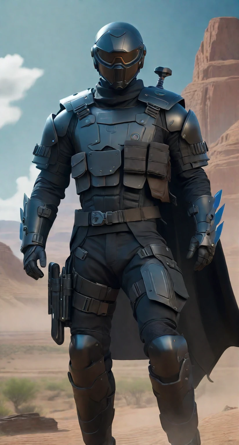 a man in a helmet dressed in tactical armor, With a black cape,Shoulder pads, Knee pads, three throwing knives holstered on his arm, Pistol holstered on his leg(Best quality, 4k, Masterpiece :1.3), Cyberpunk, Background, Sci-fi landscape, (Black cape), ultra realistic 8k cg