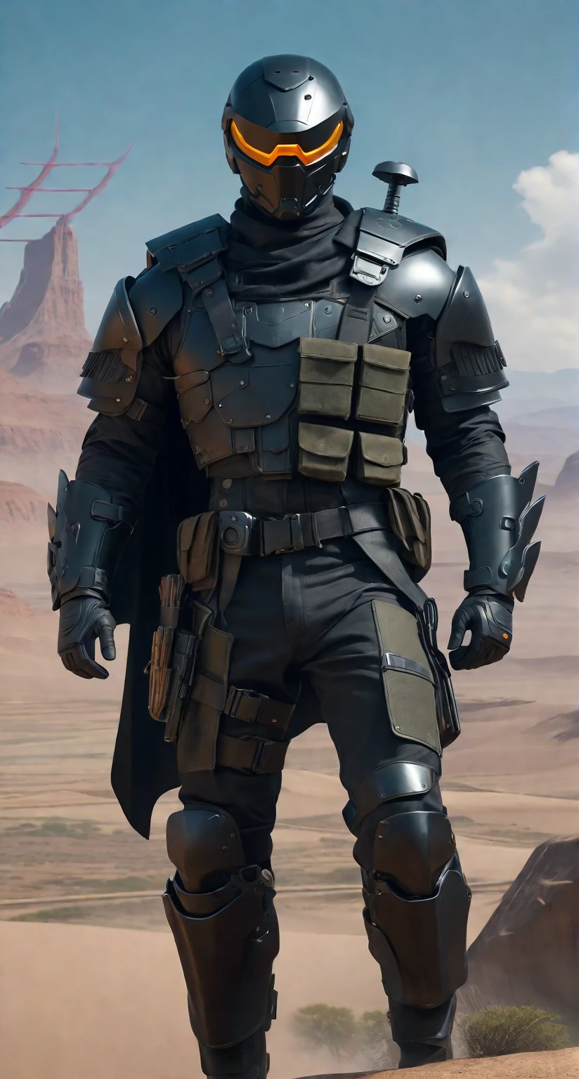 a man in a helmet dressed in tactical armor, With a black cape,Shoulder pads, Knee pads, three throwing knives holstered on his arm, Pistol holstered on his leg(Best quality, 4k, Masterpiece :1.3), Cyberpunk, Background, Sci-fi landscape, (Black cape), ultra realistic 8k cg