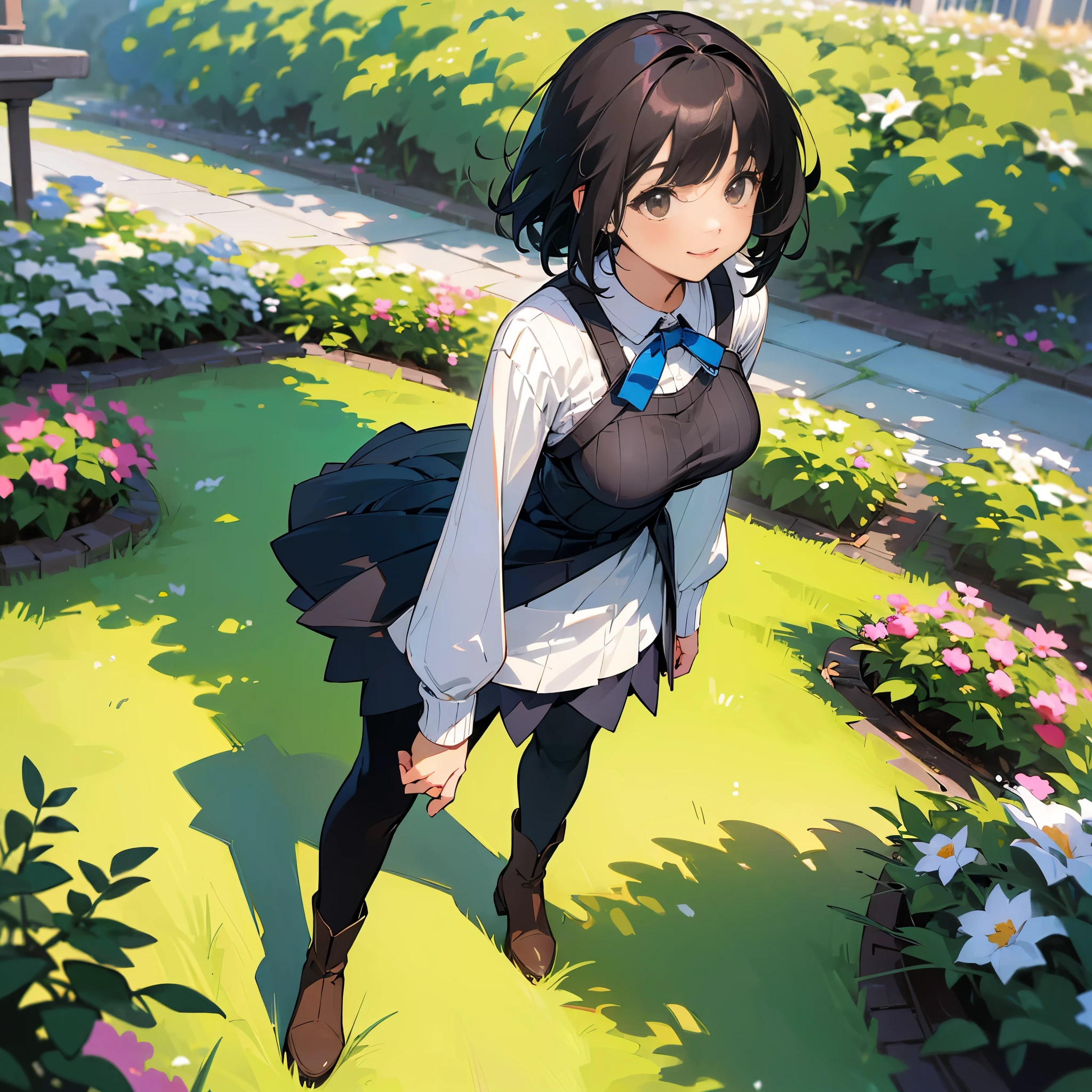 (high quality, High resolution, Super detailed, reality:1.37), peaceful atmosphere, (outdoor, garden), teenage girl standing alone, (my breasts are big.), Beautiful detail features, cute smile, (black bob hair), ribbed sweater, blue skirt, black tights, brown boots.
