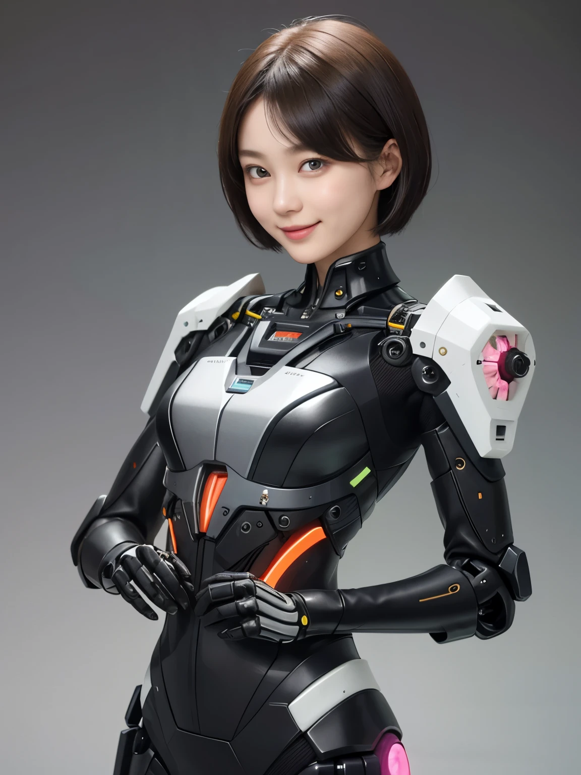 207 Short Hair, 20 year old female, Floral, gentle smile, futuristic clothes, mechanical suit