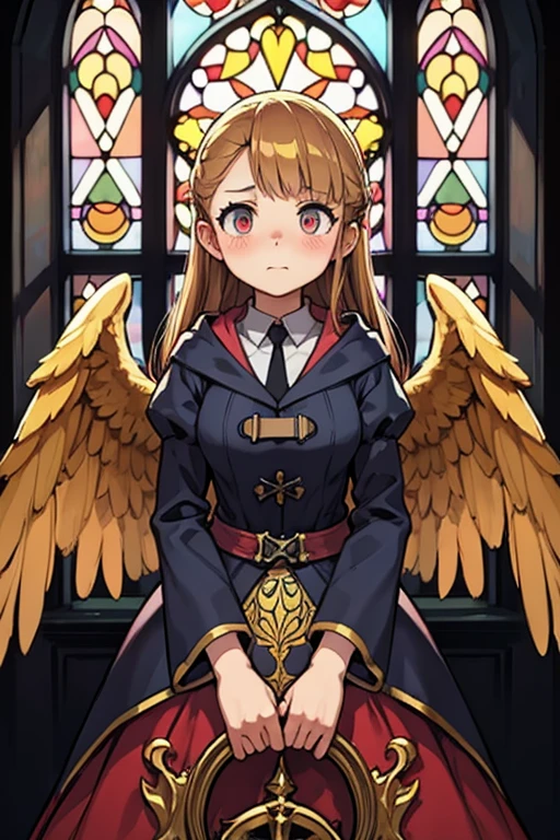 A golden haired female witch with hazel eyes with golden wings is wearing a Victorian dress is blushing by a stained glass window

