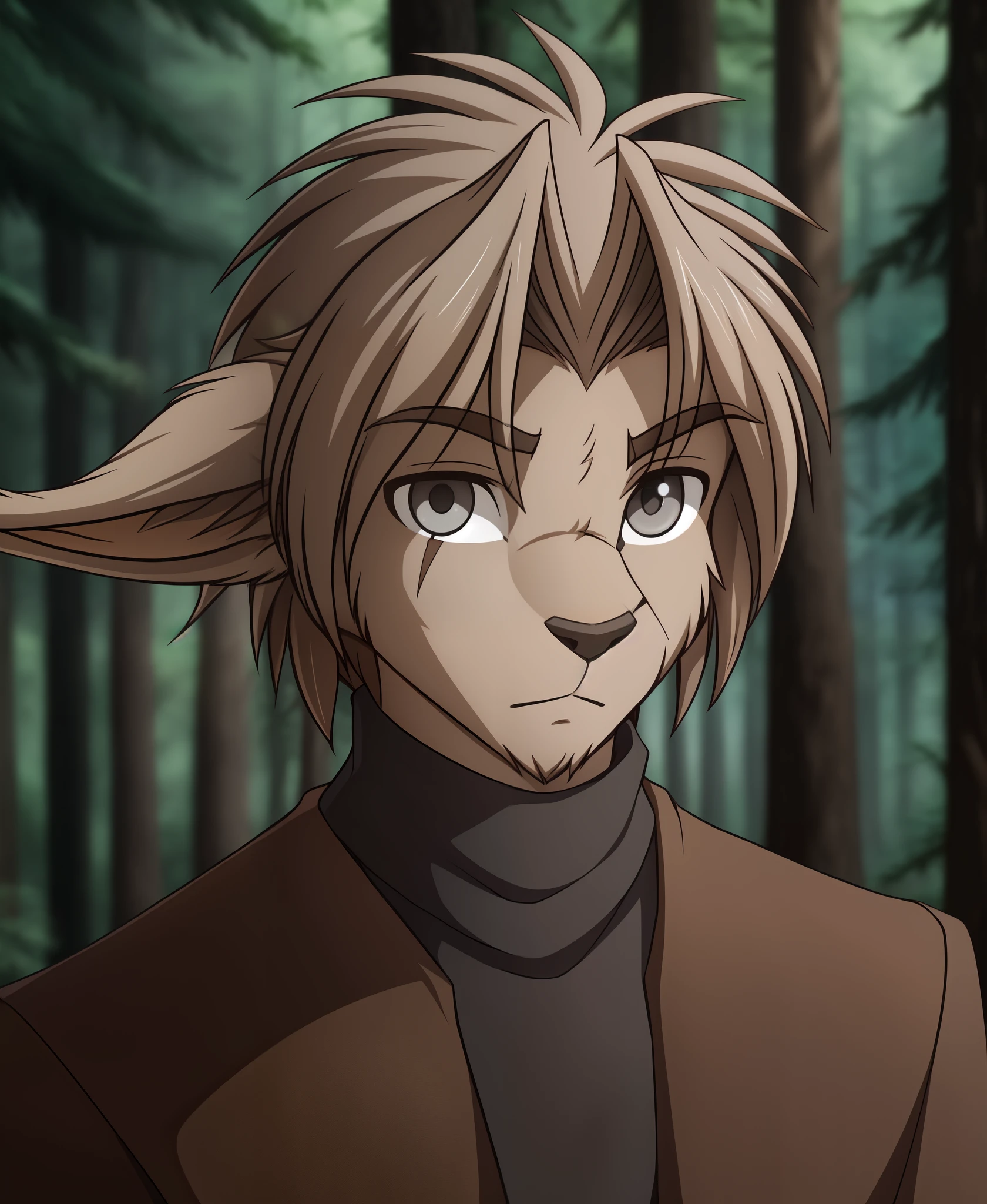 alaric-twokinds, twokinds, (best quality, masterpiece:1), solo, furry male anthro, long ears, grey eyes, eye scar, Brown hair, medium hair,tail, portrait, looking at viewer, (outdoors dark forest trees blurry blurred background:1.1), 