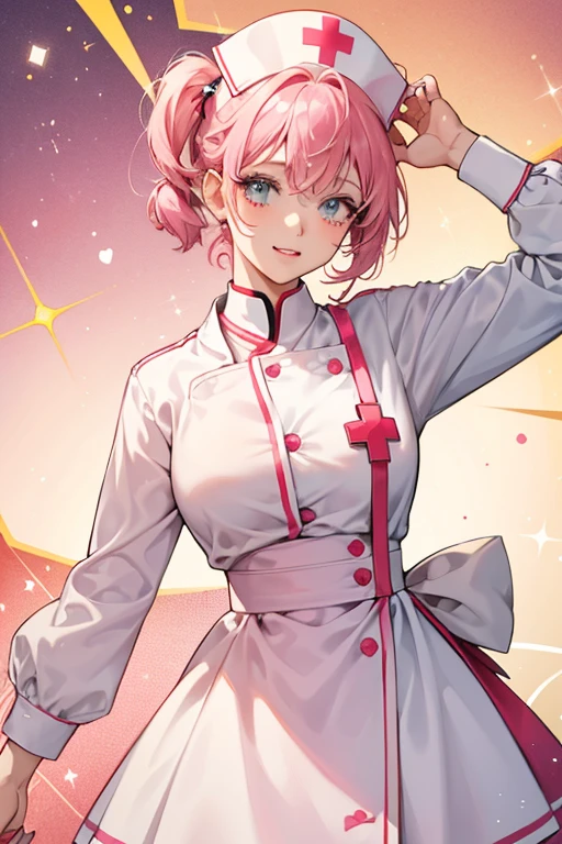 Nurse Pound Cake is in the shape of a square pound cake, hence her name. She is also lightly colored on all sides, indicating she has no crust. She wears a pink scrub and a white nurse's cap with a red cross on it. Nurse Pound Cake is also fairly short, and appears to be missing a couple of her front teeth. SPARKLE; GLITTER