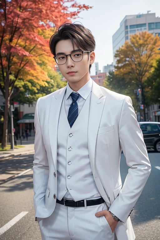 (One wears silver-white titanium alloy thin-rimmed glasses、Wearing a white shirt、Asian man in suit and tie,About 30 years old.Height 180 cm)、best quality、masterpiece、ultra high resolution、(Photo realism:1.4)、original photo、(Outdoor Highway One wears silver-white titanium alloy thin-rimmed glasses、Young handsome man in suit standing up、Standing under the red maple tree、Red and big maple leaves、delicate leaves、branch details)、(A white BMW car next to the man、Man&#39;s hands on car roof)shadow、octane rendering、8K、Super sharp、realistic light、(There is only one car on the street、man&#39;s shining eyes、looking in the direction of the camera)、小LED、Ultra high quality、　High、　gentleman、very beautiful hair、　bright photos、　As handsome as a model、　As handsome as an idol,Professional profile photo, Professional portrait photos、Realistic portrait photos, Detailed color portrait, Portrait of an idol, High quality portrait.