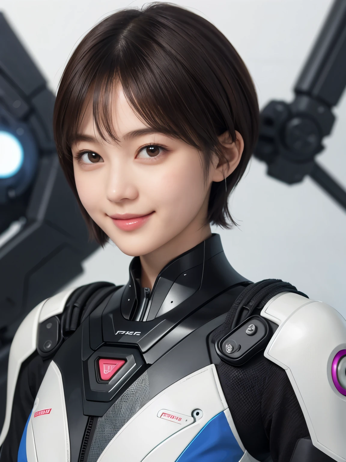 207 Short Hair, 20 year old female, Floral, gentle smile, futuristic clothes, mechanical suit