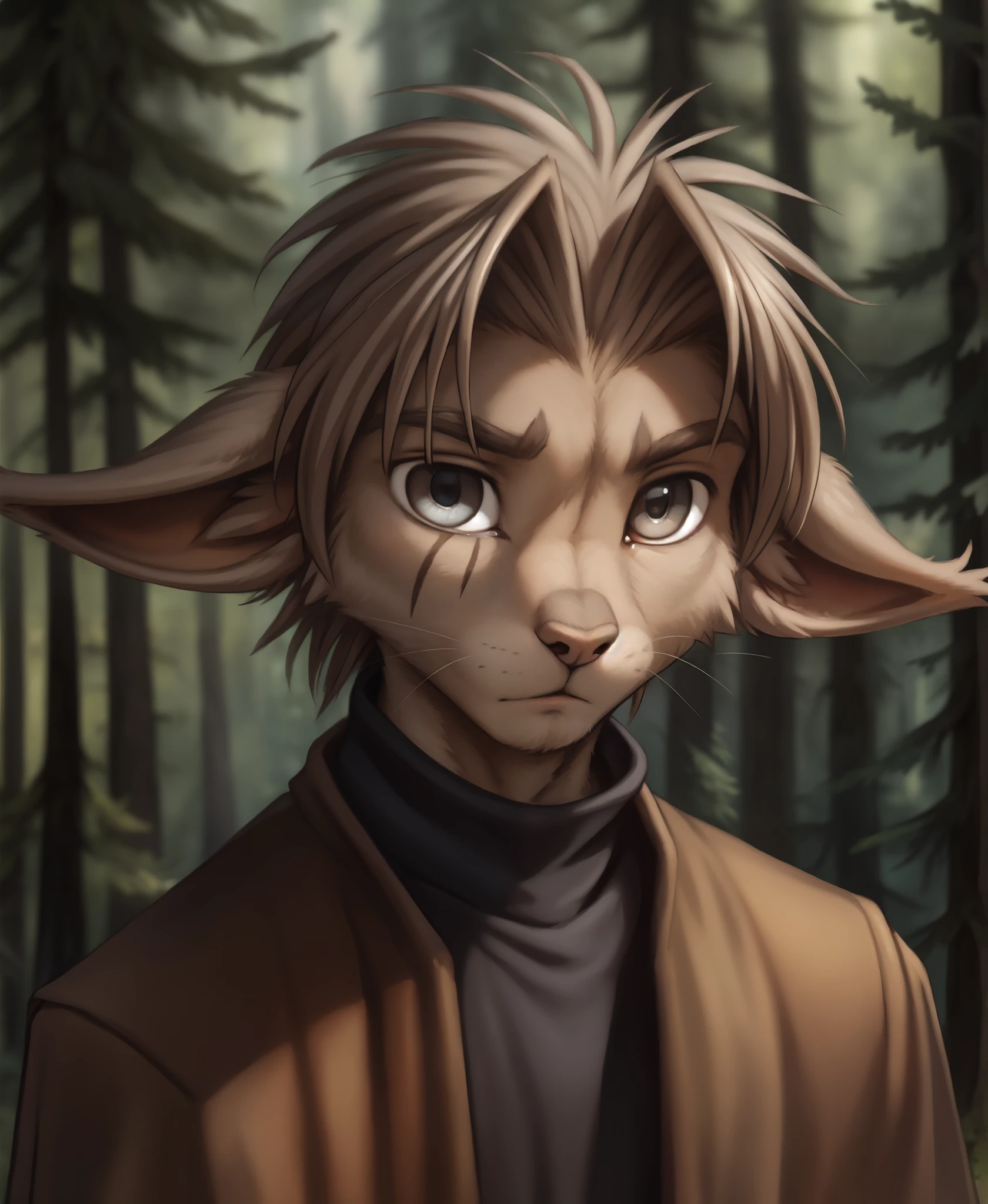 by kenket, by totesfleisch8, (by thebigslick, by silverfox5213:0.8), (by syuro:0.2),, alaric-twokinds, twokinds, (best quality, masterpiece:1), solo, furry male anthro, long ears, grey eyes, eye scar, Brown hair, medium hair,tail, portrait, looking at viewer, (outdoors dark forest trees blurry blurred background:1.1), 