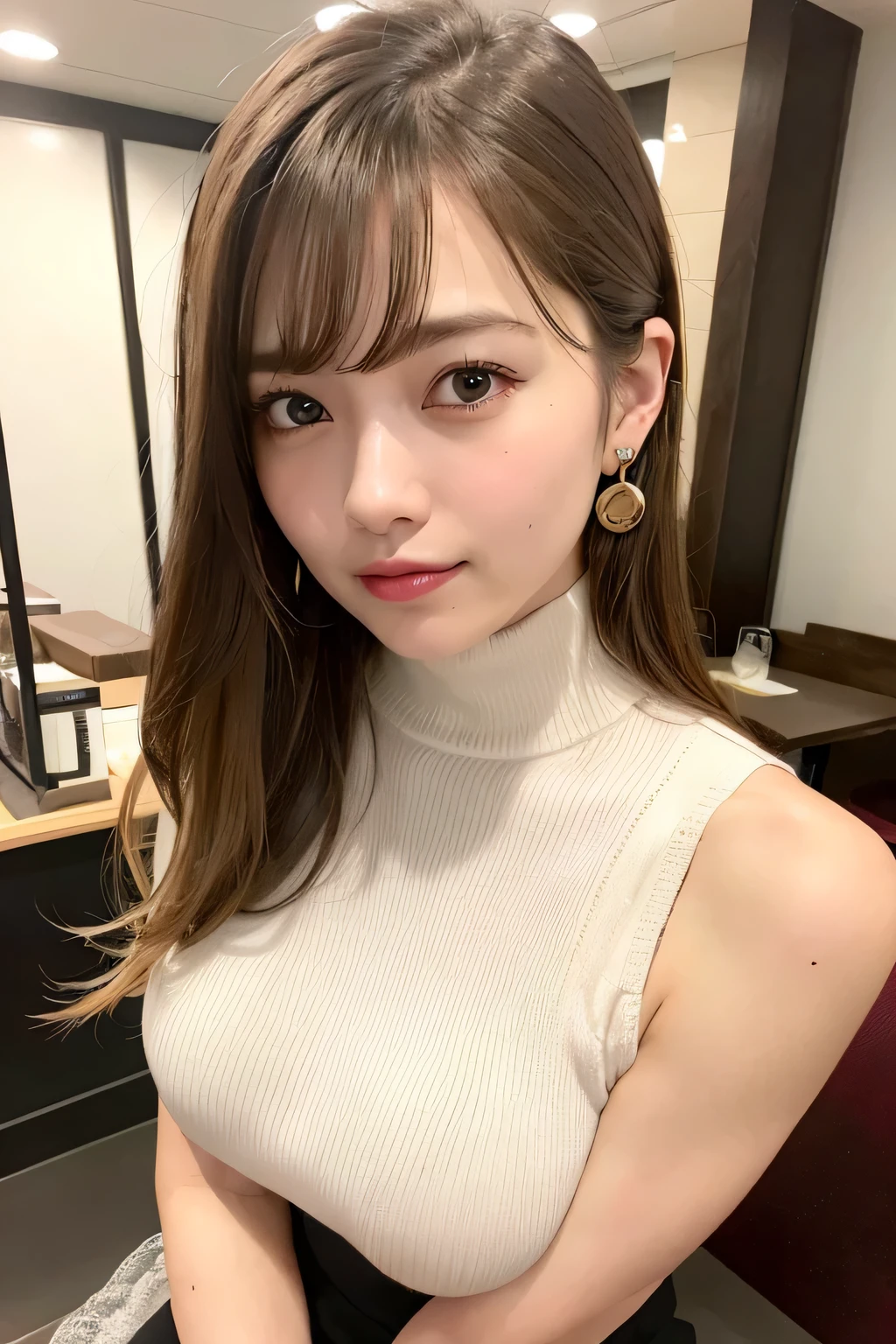 (masterpiece:1.3), High resolution, super detailed, Highly detailed CG Unity 8K wallpaper, realistic, realistic, Raw photo, beautiful and detailed face, pale skin, Realistic sparkling skin, fine cloth texture, detailed hair texture, perfect body, beautiful face, Accurate, anatomically correct, Highly detailed face and skin texture, natural neck length, (beautiful hands),
break,
fine eyes, symmetrical eyes, light brown eyes, double eyelid, thin eyebrows, (sexy lips:1.3), (glossy lips:1.4),
break,
(classy and cute girl:1.3), ((Wear a sleeveless turtleneck halter neck sweater:1.3)), (pleated skirt:1.2), medium big breasts, (firm chest, Beautifully shaped breasts:1.1), slender body shape :1.1, toned abdominal muscles, (A face waiting for a kiss:1.2), (smile:1.1), (blonde hair, colorful inner hair, bangs:1.2),
break,
(Sit across from you,Drink a cold drink at a stylish cafe:1.2), (focus on face:1.2), (cowboy shot), view viewer, (from the side from the side:0.65),