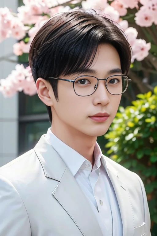 (One wears silver-white titanium alloy thin-rimmed glasses、Wearing a white shirt、Asian man in suit and tie,About 30 years old.Height 180 cm)、best quality、masterpiece、ultra high resolution、(Photo realism:1.4)、original photo、(Outdoor Highway One wears silver-white titanium alloy thin-rimmed glasses、Young handsome man in suit standing up、Standing under the red maple tree、Red and big maple leaves、delicate leaves、branch details)、(A white BMW car next to the man、Man's hands on car roof)shadow、octane rendering、8K、Super sharp、realistic light、(There is only one car on the street、man's shining eyes、looking in the direction of the camera)、小LED、Ultra high quality、 High、 gentleman、very beautiful hair、 bright photos、 As handsome as a model、 As handsome as an idol,Professional profile photo, Professional portrait photos、Realistic portrait photos, Detailed color portrait, Portrait of an idol, High quality portrait.