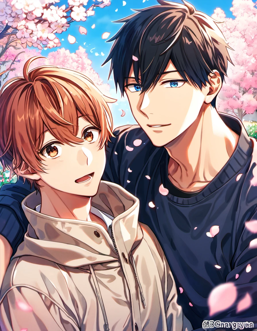absurdres, highres, ultra detailed, HDR), master piece, best quality, Uenoyama Ritsuka, black hair, expressive blue eyes, Given, Sato Mafuyu, pink-brown hair, expressive brown eyes, 2men together, gay couple, handsome, petals, garden