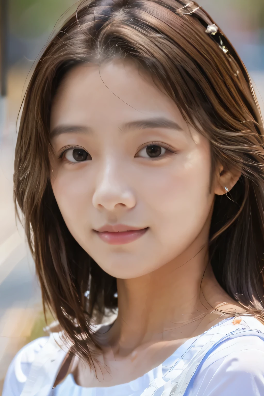 (masterpiece:1.3), (8K, realistic, Raw photo, highest quality: 1.4), front，15 year old Japanese woman、beautiful face, (realistic face), (light brown hair, short hair:1.3), Cute hairstyles, realistic eyes, beautiful eyes, glossy lips、 (realistic skin), beautiful skin, charm, ultra high resolution, close, portrait, golden ratio, detail makeup, look at the beholder, smile, double eyelid，round face，baby face，Cute Spring Clothes、close up shot