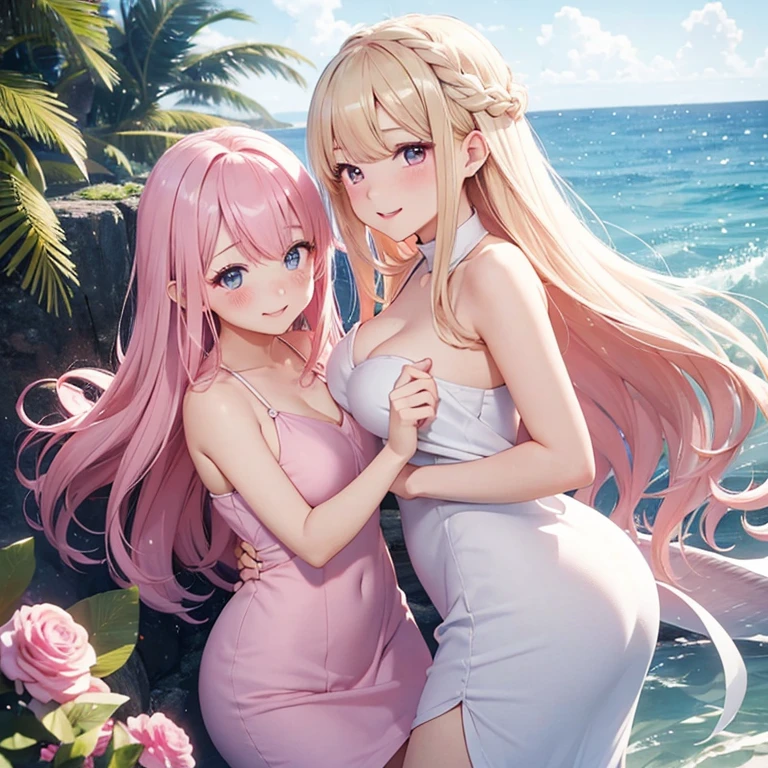 white、Ocean、droopy eyes、顔にpink eyes玉、smile、23 year old female、medium breasts、woman wearing one piece、long hair girl、((Girl with long pink hair))、Girl with bangs、detailed face、cute face、((best image quality))、mole、bouquet、bride、Mermaid Dress.blonde、pink eyes、heroine、blush