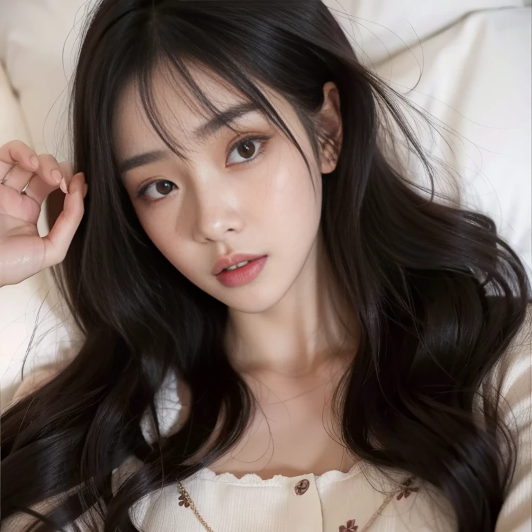 a close up of a woman laying on a bed with a white sheet, ulzzang, lalisa manobal, korean girl, she has black hair with bangs, beautiful south korean woman, gorgeous young korean woman, jaeyeon nam, long hair with bangs, long hair with full bangs, beautiful young korean woman, neat hair with bangs, young adorable korean face