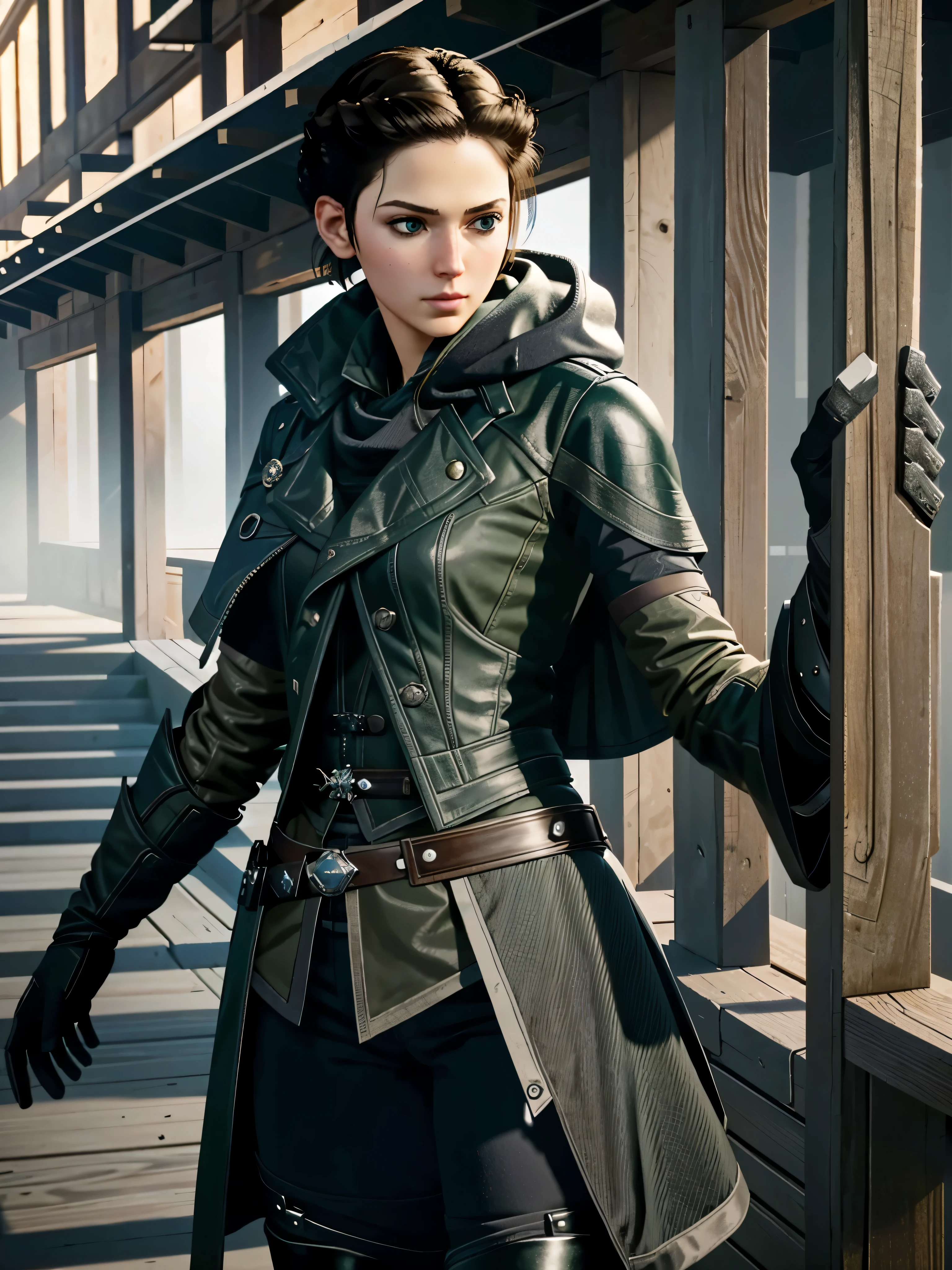 (masterpiece, best quality)
EvieFryeAssa, solo, looking at viewer, short hair, black hair, gloves, closed mouth, green eyes, standing, jacket, weapon, belt, pants, armor, capelet, gauntlets, realistic
