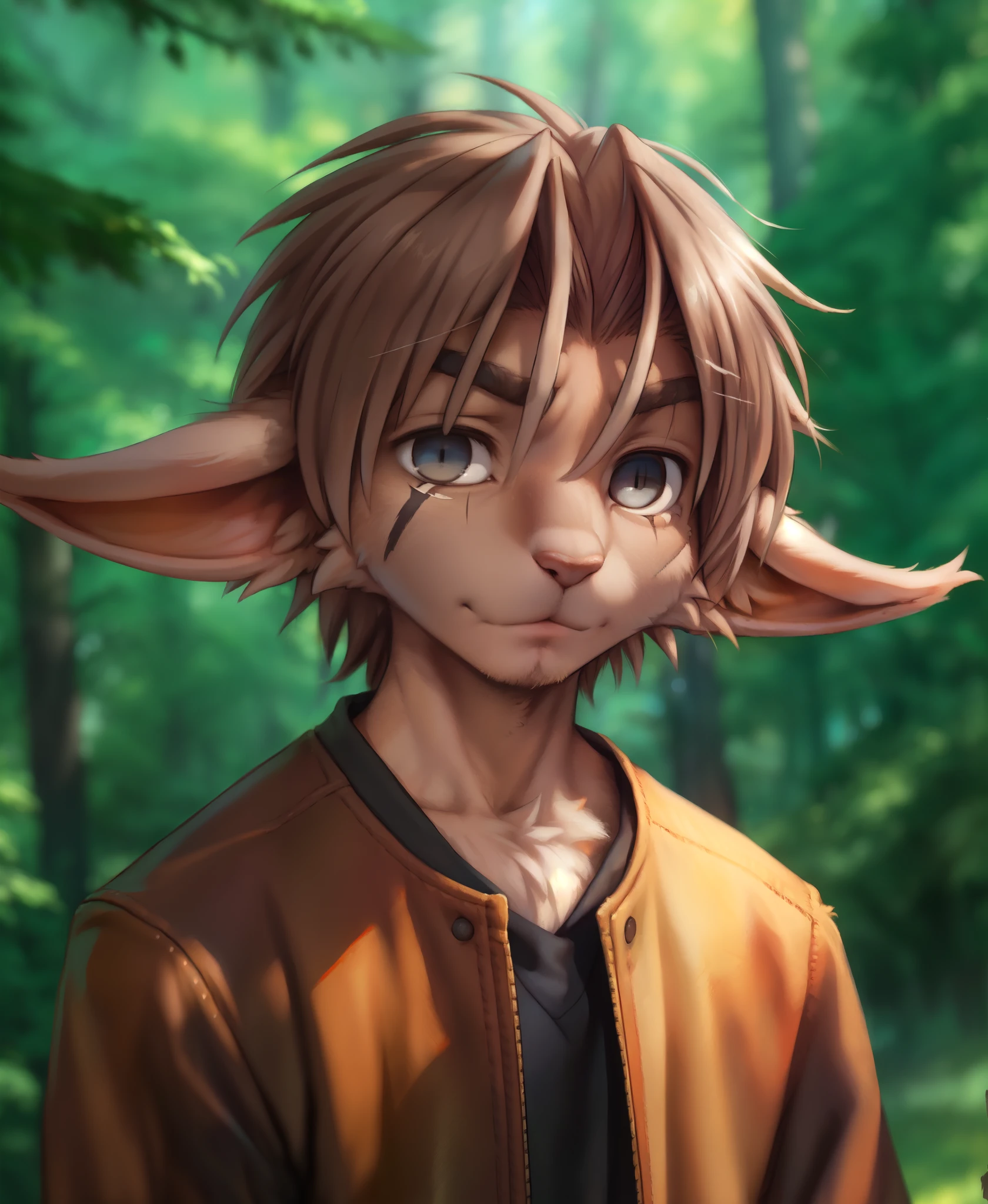 by kenket, by totesfleisch8, (by thebigslick, by silverfox5213:0.8), (by syuro:0.2),, alaric-twokinds, twokinds, (best quality, masterpiece:1), solo, furry male anthro, long ears, grey eyes, eye scar, Brown hair, medium hair,tail, portrait, looking at viewer, (outdoors dark forest trees blurry blurred background:1.1), 